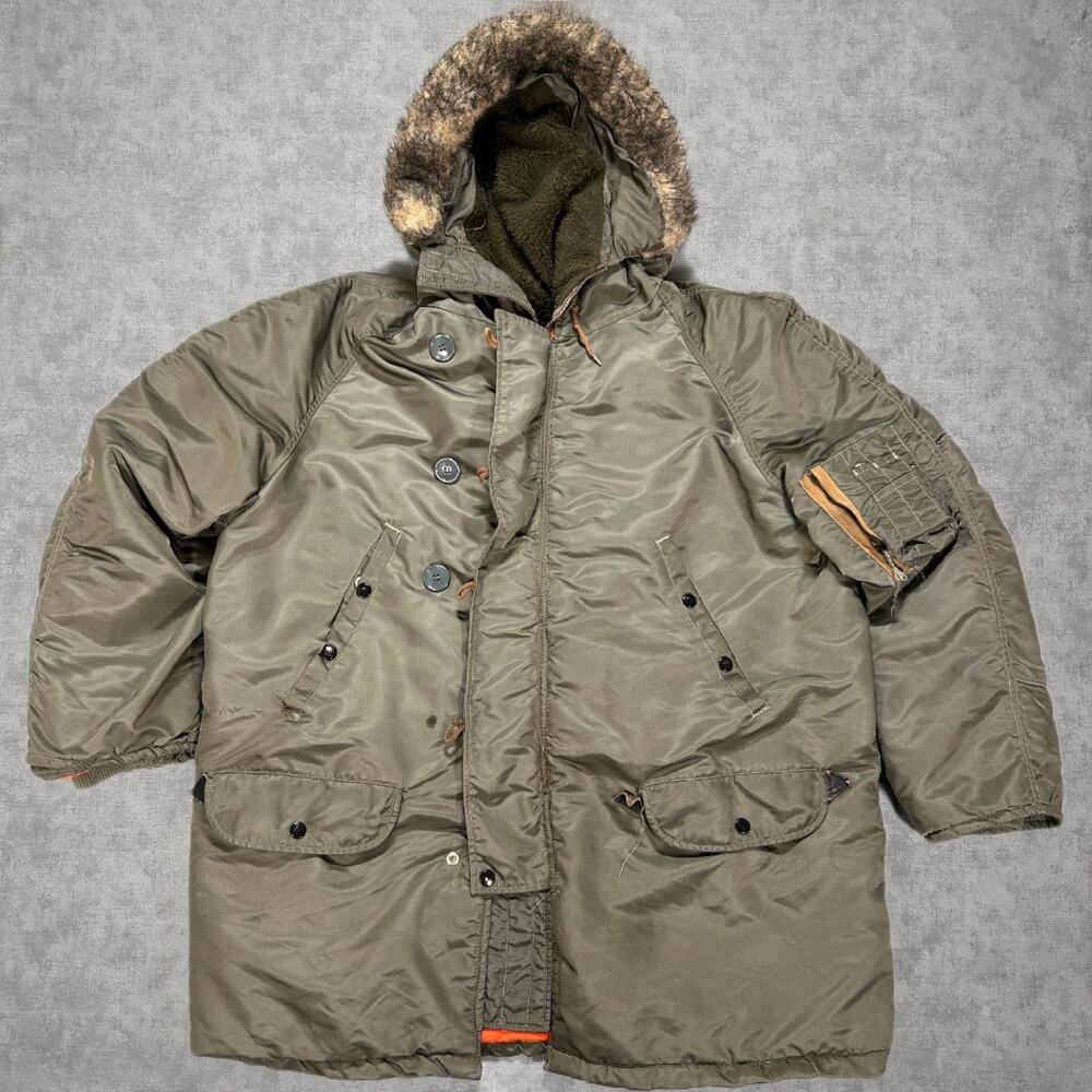 Vintage Antarctica Snorkel Parka N-3B Style Olive Green Orange Lining Fur Hood